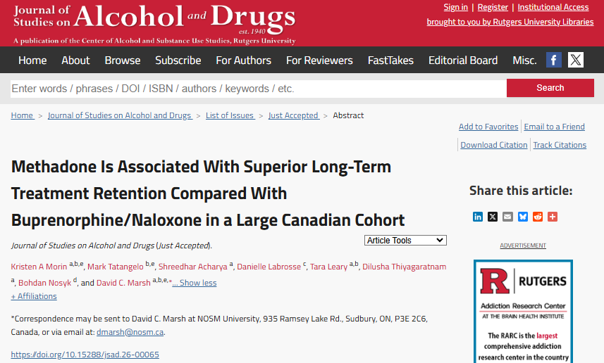 JSADJournal's tweet photo. Methadone Is Associated With Superior Long-Term Treatment Retention Compared With Buprenorphine/Naloxone in a Large Canadian Cohort (new in @JSADjournal) 

by Kristen Morin, Mark Tatangelo, Shreedhar Acharya, Danielle Labrosse et al.

@SFU @PublicHealthSD

https://t.co/fYUK7CJCtR https://t.co/NiF8k3Ss7f