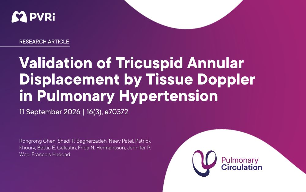 PVRI's tweet photo. New research in Pulmonary Circulation 🫁

Validation of Tricuspid Annular Displacement by Tissue Doppler in Pulmonary Hypertension
📆 11 September 2026
🔢 16(3), e70372
👤 Rongrong Chen, Shadi P. Bagherzadeh, Neev Patel, Patrick Khoury, Bettia E. Celestin, Frida N. Hermansson, Jennifer P. Woo, Francois Haddad 

➡️ Read the full research article: https://t.co/WuVi618B7x