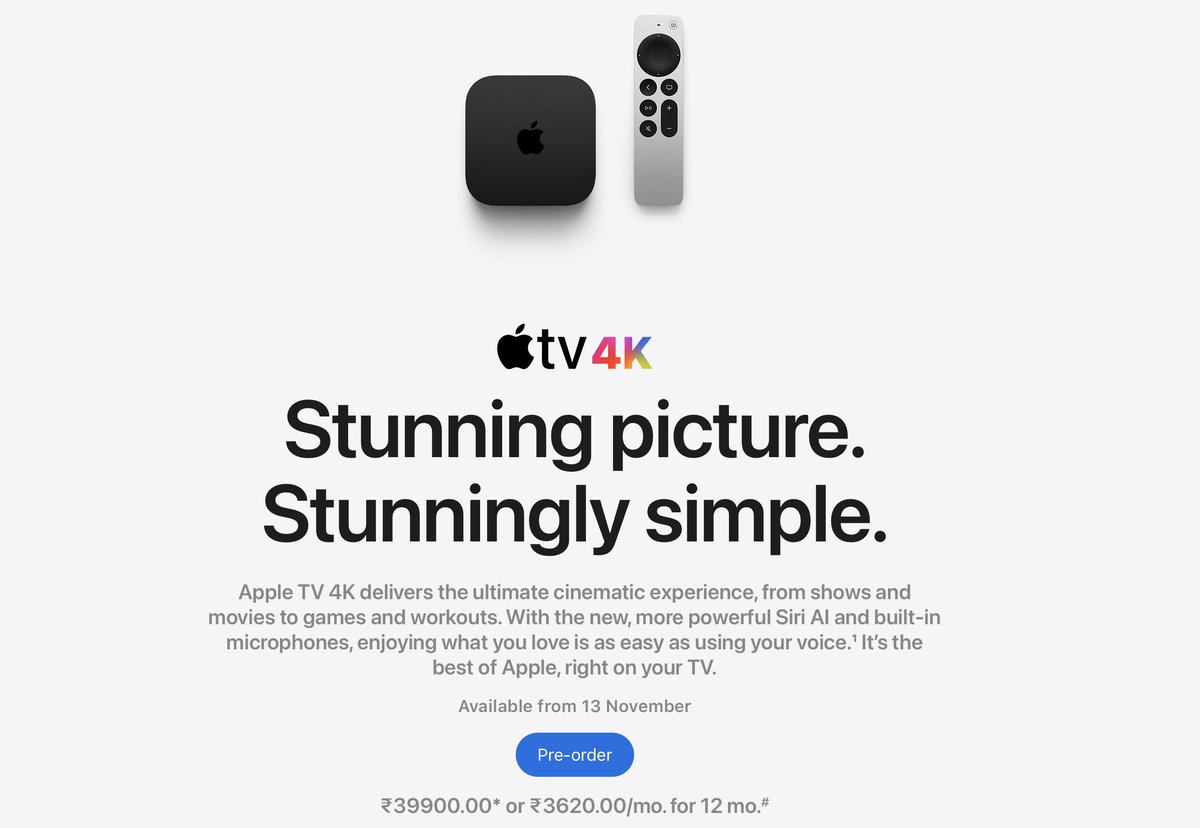 KernelChai's tweet photo. 💸 Why does a $299 Apple TV cost ₹39,900 in India?

$299 × ~₹95 = ~₹28,400
+ 18% GST (US prices exclude tax) = ~₹33,500
The remaining ~₹6,400? Import duty + Apple's currency buffer.

HomeView? Same story. Also ₹39,900.

#AppleTV #Apple https://t.co/bJZeGBC84T
