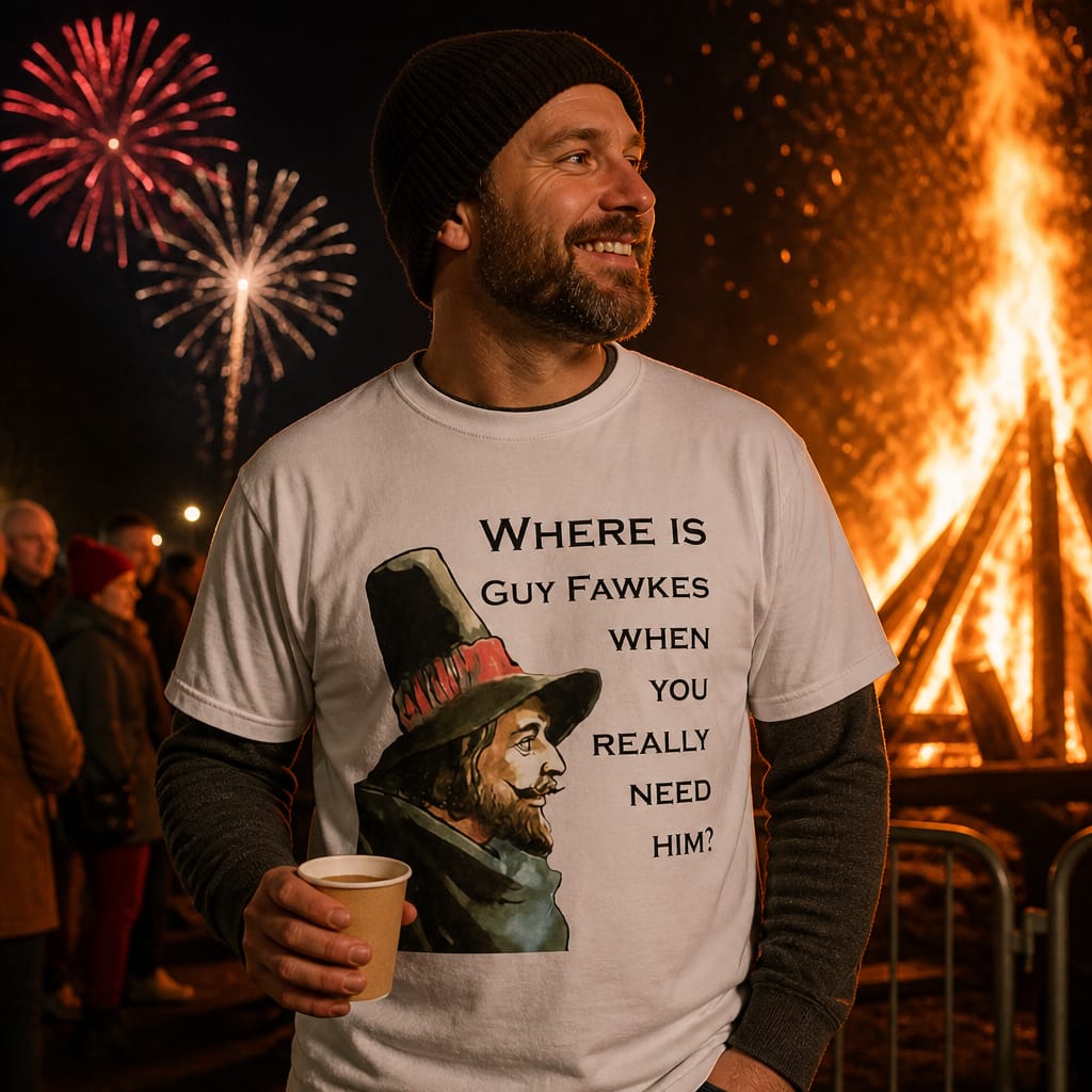 TaicheTees's tweet photo. Where Is Guy Fawkes When You Really Need Him? #TShirt An enormous hat. A suspiciously cheerful smile. One very important question… Where IS Guy Fawkes when you really need him? 😂🎩 A#GuyFawkes #BonfireNight #BritishHumour #FifthOfNovember #taiche https://t.co/XMwgiWsFa0 https://t.co/8nhvCORqnK