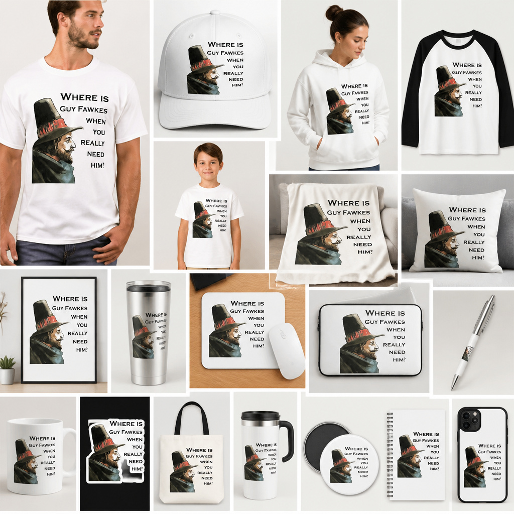 TaicheTees's tweet photo. Where Is Guy Fawkes When You Really Need Him? #TShirt An enormous hat. A suspiciously cheerful smile. One very important question… Where IS Guy Fawkes when you really need him? 😂🎩 A#GuyFawkes #BonfireNight #BritishHumour #FifthOfNovember #taiche https://t.co/XMwgiWsFa0 https://t.co/8nhvCORqnK