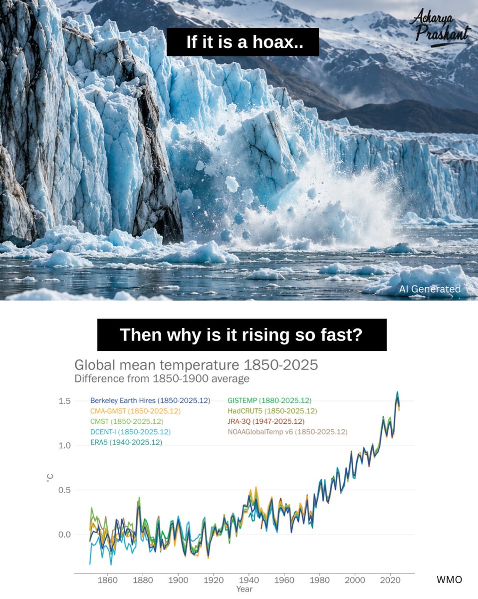 Prashant_Advait's tweet photo. In the last 100, 150 years, the CO2 has gone up from 280 to around 440 ppm now.

It’s not just about what is happening, it’s about the speed at which it is happening.

The biggest help you can provide to the climate cause is not just switching to EVs.

You also have to look at the number of emitters, which is the population itself.

The climate discourse has to become mainstream.

Know your footprint and the breakup of your footprint. Then bring it down.

~ Acharya Prashant