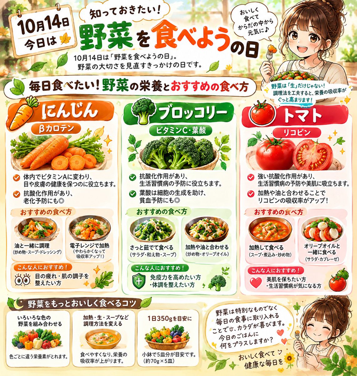 hina_ai_lab's tweet photo. 「健康のために野菜を食べよう」

そう思っても、
毎日サラダば���りじゃ飽きる😂

実は、野菜は生で食べるだけが正解じゃない。

🥕 にんじん → 油と組み合わせるとβカロテンを吸収しやすい

🥦 ブロッコリー → ビタミンCや葉酸を補給

🍅 トマト → 加熱や油との組み合わせでリコピンを吸収しやすい

大切なのは、
特別な食材より「続けられる食べ方」。

今日のごはんに何を足しますか？🌻