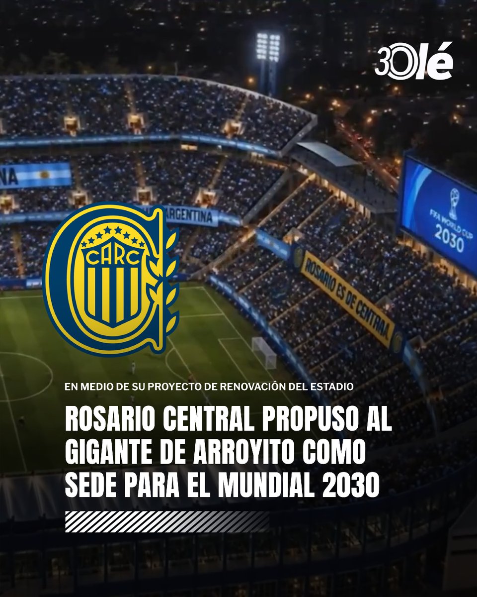 DiarioOle's tweet photo. 🟡🔵 ROSARIO CENTRAL PROPUSO AL GIGANTE DE ARROYITO COMO SEDE PARA EL MUNDIAL 2030 🏟️🇦🇷

🏆🌎 En la próxima Copa del Mundo, está confirmado que Argentina, Uruguay y Paraguay organizarán partidos de celebración por el centenario de la creación de la Copa Mundial. https://t.co/gnkRnCpFM4