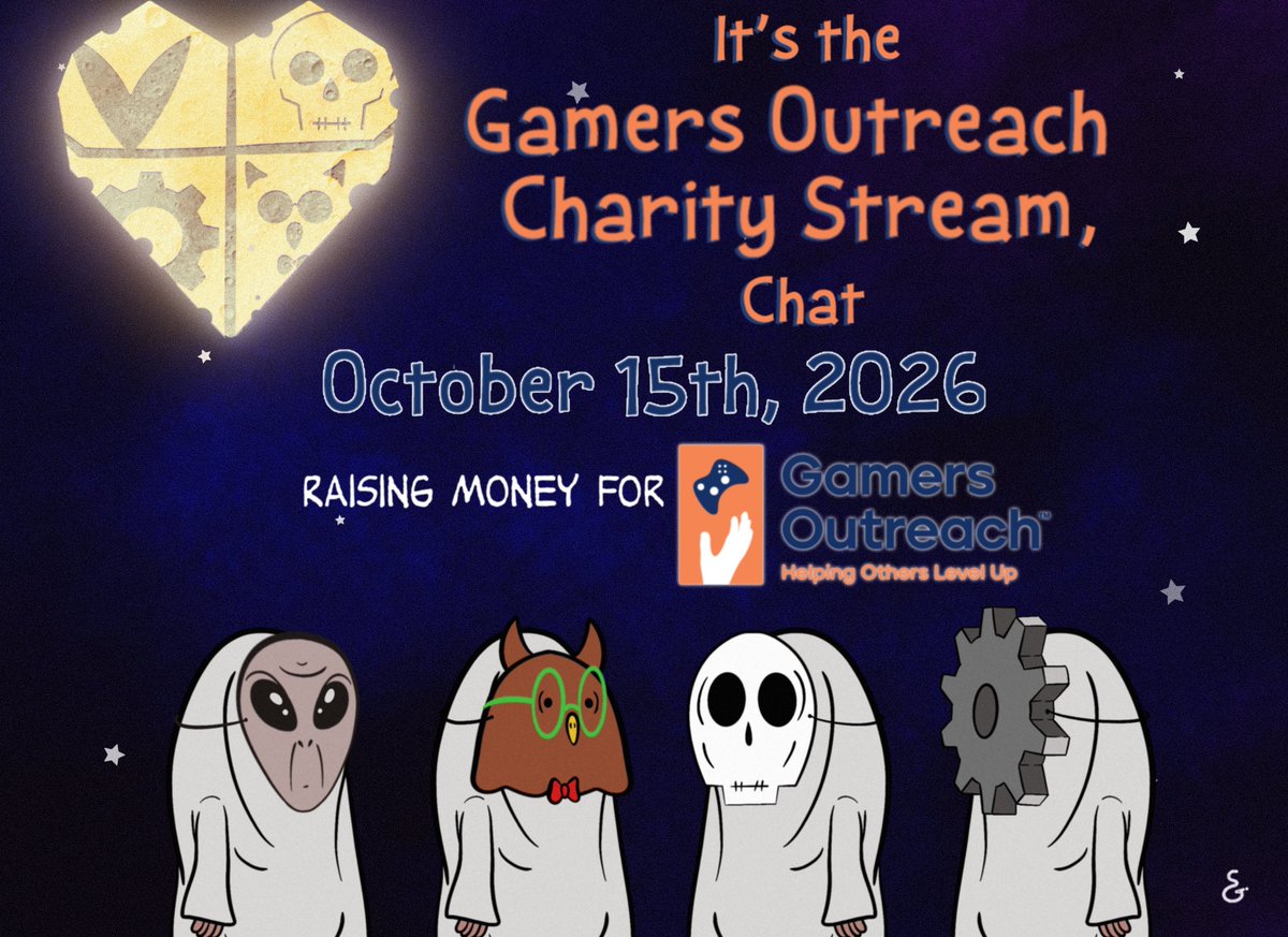 shannygeeart's tweet photo. It's once again time for the Gamers Outreach Charity Stream!!
Join @Gearomatic , @VinnyVinesauce  , @GreatZott , and @HooteyOwl on Thursday, 10/15/2026 to help rais money for @GamersOutreach !

https://t.co/eA8q6qpibg

#vinesauce https://t.co/C5MWCdfjCu