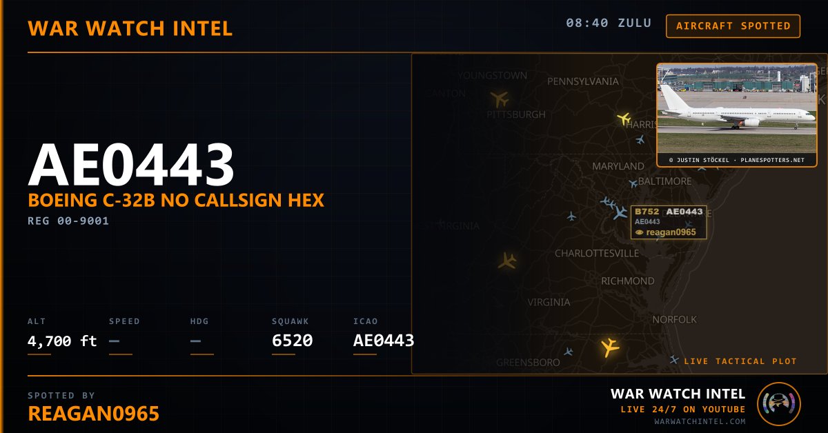 WarWatchIntel's tweet photo. โ๏ธ AE0443 SPOTTED
Boeing C-32B no callsign Hex: #AE0443 Reg.:00-9001
Spotted by reagan0965
๐ท Justin Stรถckel via https://t.co/7YFrROVggD
War Watch Intel โ Live 24/7 on https://t.co/QRr4LEKkXm
#OSINT #MilAviation #WarWatchIntel https://t.co/HytQbulJmE