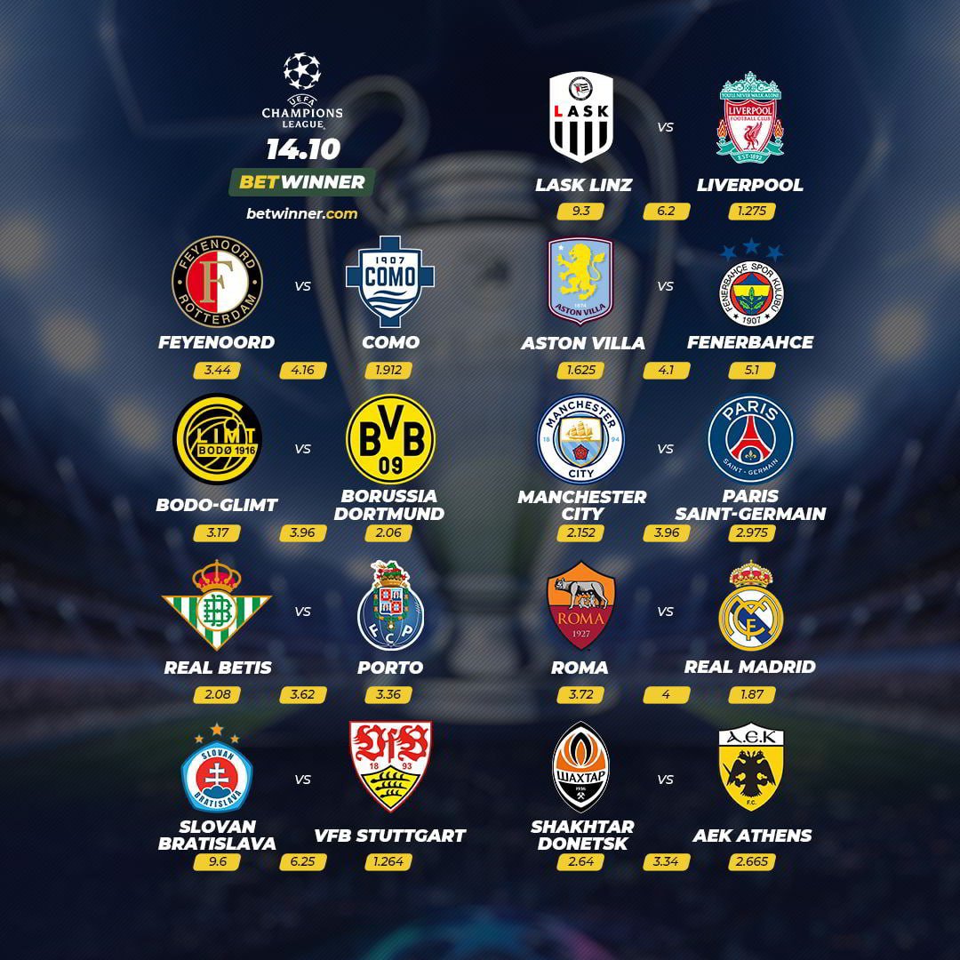 Tipsbets_'s tweet photo. #UCL #championsleague #Betwinner

#LaskLinz - #Liverpool
#Feyenoord - #Como
#AstonVilla - #Fenerbahce
#BodoGlimt - #BVB
#ManchesterCity - #PSG
#RealBetis - #Porto
#Roma - #RealMadrid
#SlovanBratislava - #Stuttgart
#ShakhtarDonetsk - #AEKAthens

https://t.co/9XPj9TqKbr https://t.co/7ef9ulmyR4