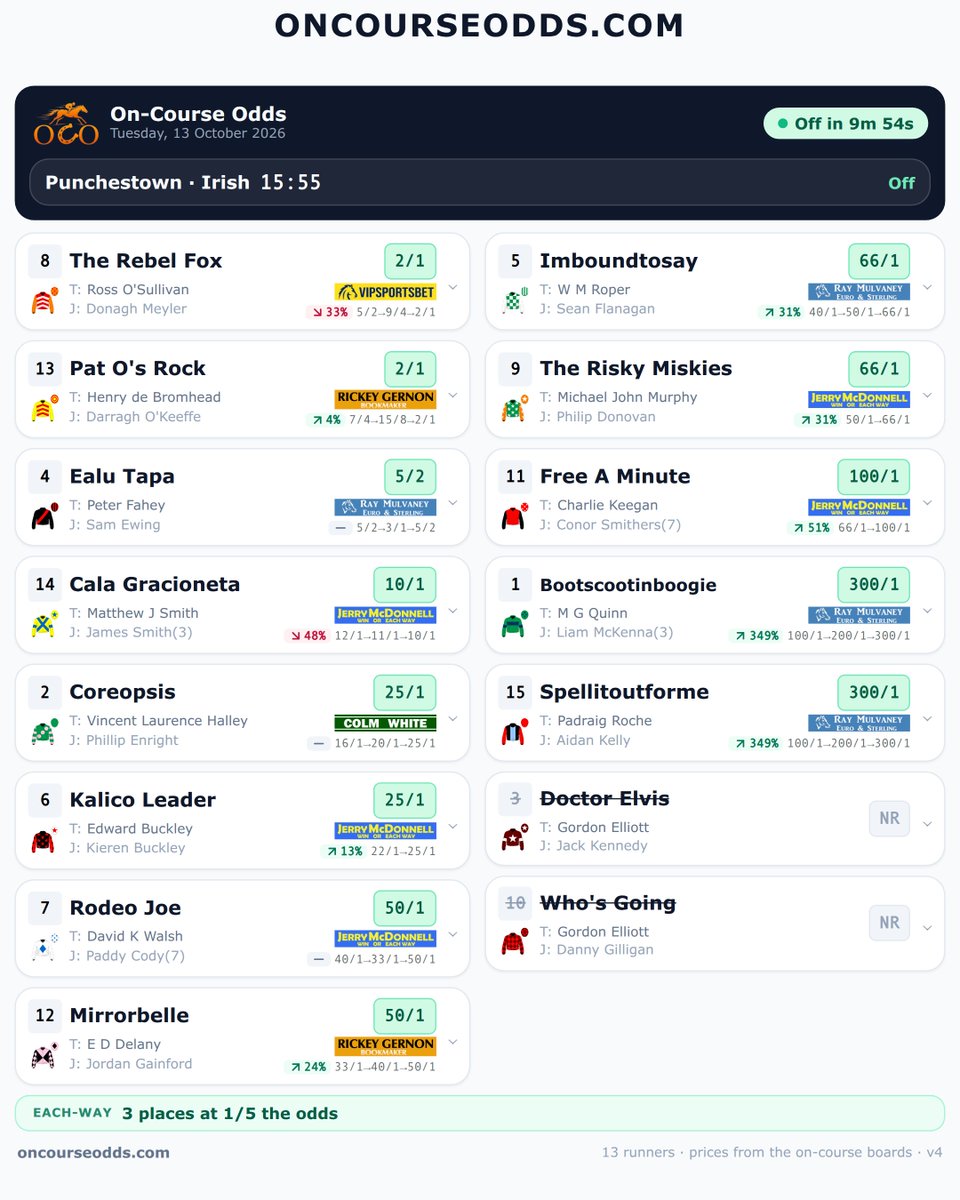 Oncourseodds's tweet photo. Punchestown 15:55 — the on-course boards, all in one place 👇 Scan the QR code to compare the full ring. #VIPSports #RickeyGernon @betmulvaney @inpbaoc @punchestownrace #HorseRacing #IrishRacing https://t.co/zR109bH8Ps