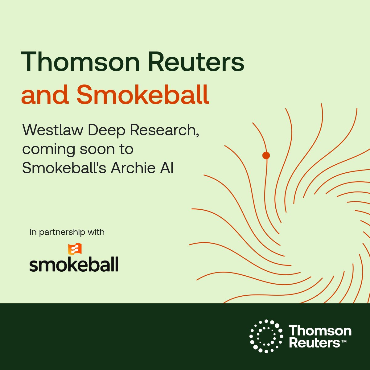 thomsonreuters's tweet photo. Westlaw Deep Research is coming to Archie AI, Smokeball’s matter assistant. 
 
Thomson Reuters and Smokeball partnered earlier this year to bring Smokeball’s practice management tools together with CoCounsel Legal, and this is the next step. Westlaw Deep Research, Thomson Reuters’ agentic legal research tool, will be integrated within Archie AI later this month.
 
Ask Archie a question and get a structured report built from multi-step research across Westlaw. Every step is visible, every citation links back to Westlaw, and the work stays on the matter for future reference.
 
Research that’s sourced and reasoned, grounded in Fiduciary-Grade AI™, with more to come in 2027. 

Learn more: https://t.co/6LSYE4tUM6