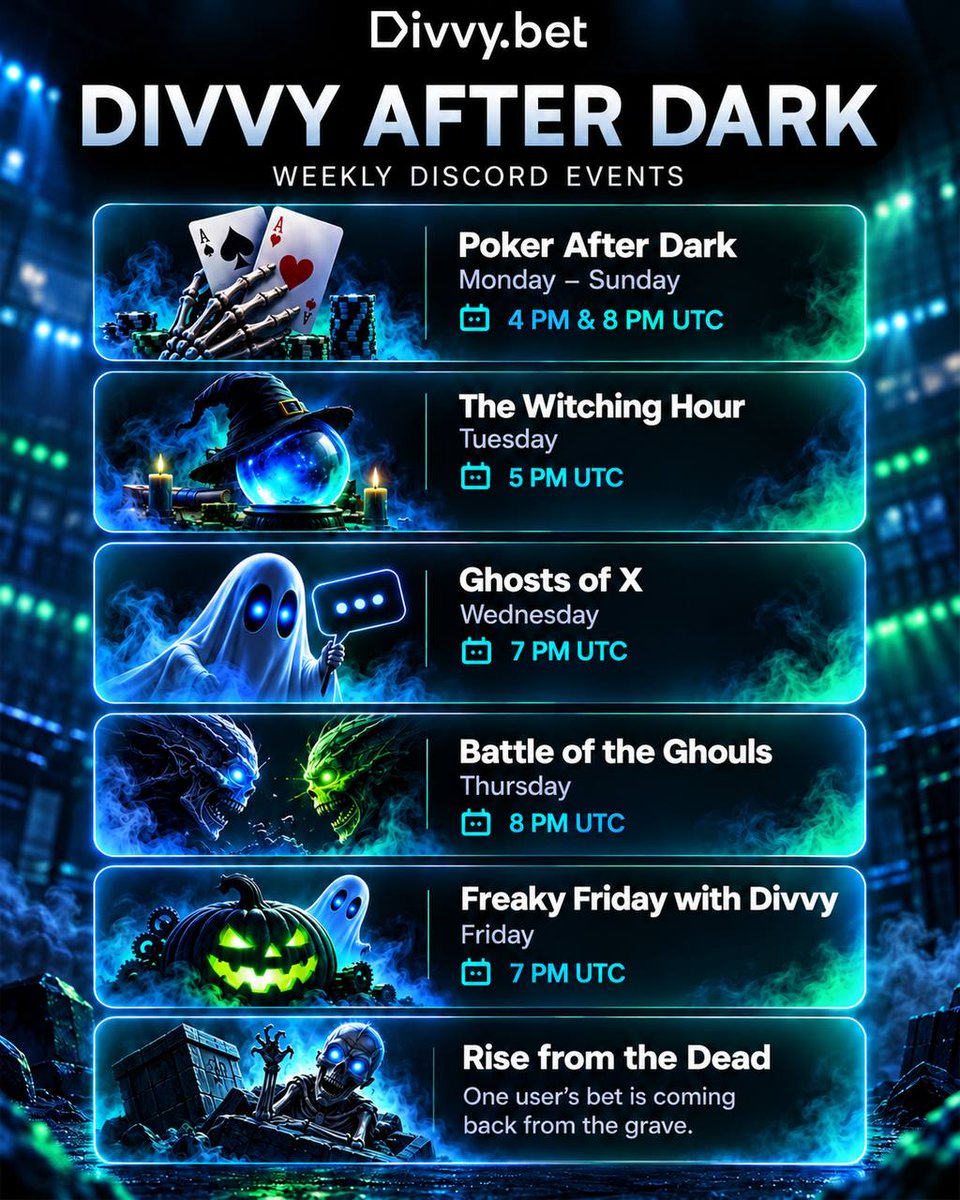 DivvyBet's tweet photo. Discord lurkers have been dressed as ghosts all year.

Divvy After Dark: poker, predictions and Halloween challenges, all week long.

Come back from the dead 👻

https://t.co/FaKuZdJr5Q https://t.co/vd9bZs8YA7