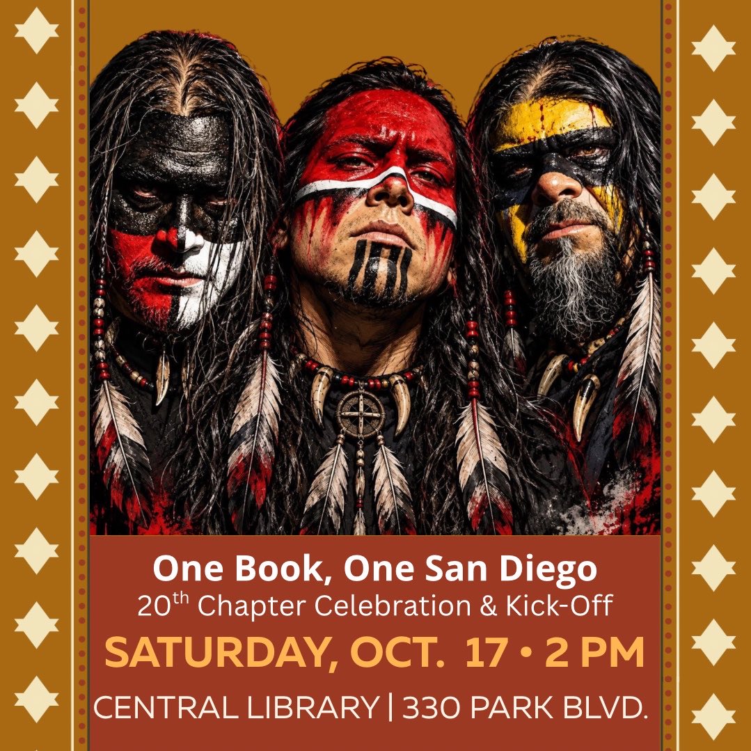 SDPublicLibrary's tweet photo. In five days, Metal &amp; Myth, the #OneBookSD kickoff event celebrating 20 years, comes to San Diego Central Library! Experience the powerful playing of Warpath, learn about the program &amp; pick up a copy of The Buffalo Hunter, Hunter, while supplies last! https://t.co/h3gOyPdTbU https://t.co/SIfSoItPiU