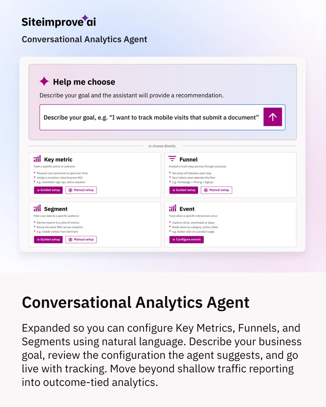 Siteimprove.ai Conversational Analytics Agent. Product screenshot of a “Help me choose” box where you describe your goal in plain language, above four setup options: Key metric, Funnel, Segment, and Event. Caption: Configure Key Metrics, Funnels, and Segments using natural language, then go live with outcome-tied tracking.