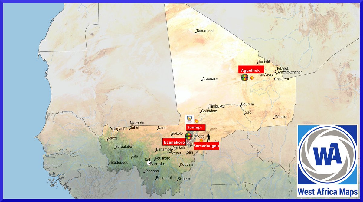 Wamaps_news's tweet photo. MALI 🇲🇱 | Au delà de la reprise victorieuse de Kidal par les FAMa et de l'affrontement JNIM / EIS  vers la frontière burkinabé, de nombreux incidents sécuritaires sont constatés au Mali ces derniers jours. 

🔸Le 10/10, le FLA a annoncé avoir mené des attaques de drones contre des positions tenues par les FAMa et l’Africa Corps🇷🇺 à Soumpi, dans la région de Tombouctou. Un véhicule militaire a été détruit. Le FLA garde donc des capacités d'action loin de son emprise territoriale du nord-Mali  malgré la perte de Kidal. 

🔸 Les 11/10 et 12/10,  le JNIM revendique lui avoir ciblé des convois FAMa / Africa Corps avec des IED sur les axes Sévaré–Konna , Konna–Konsa et Dougabougou-Markala. 
Une patrouille de chasseurs dozos a également été attaquée à Somadougou. 

🔸Le 11/10, les FAMa ont annoncé la destruction d’un dépôt de carburant au nord-est d’Inafarak, d'un  véhicule à l’ouest d’Aguelhok et d'un groupe de combattants circulant à moto entre les localités de Dandougou et Bélèko.

⚠️ Selon @SimNasr et plusieurs sources locales, des frappes aériennes FAMa ont tué au moins 13 civils le 12/10 dans le village peul de Nzanakoro, dont la moitié sont des enfants ( 🎥 en commentaire).