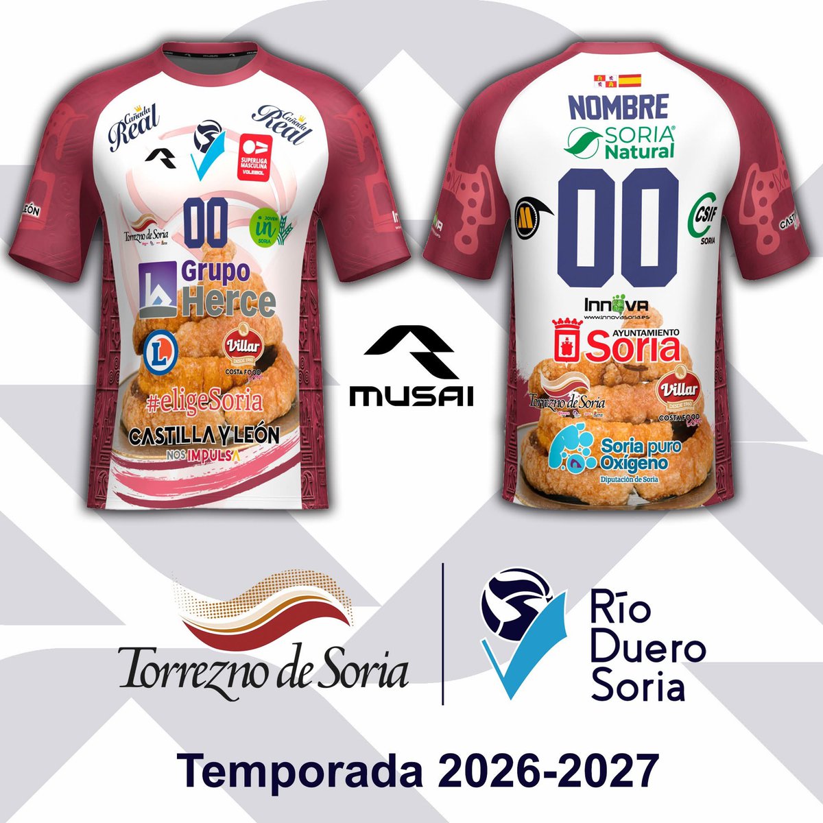 TorreznodeSoria's tweet photo. 🏐🔥 ¡Nueva camiseta de @torreznodesoria ❌ @rioduerovoley creada por Musai!

Una equipación que une voleibol, gastronomía e identidad soriana, con motivos celtíberos y una espectacular bandeja de torreznos. 💙

Desde 2018, llevando el sabor de Soria por toda España juntos! https://t.co/tASjrvaThA