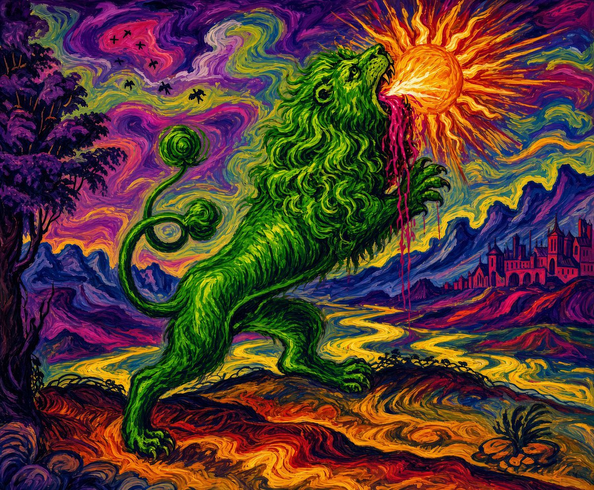 alquimiaroja's tweet photo. El león verde, mercurio imperfecto, es esa parte tuya llena de potencial que aún no logra expresar su ser completo. 

Pasar al león rojo, con el sol encima, es transmutarte sin cambiar el corazón de quien eres. https://t.co/inAKwLP9eu