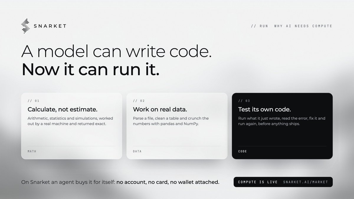 SnarketNetwork's tweet photo. Why does an AI need compute?
A model can write code. Until now it could not run it.

With a machine of its own, an agent can:
→ Calculate, not estimate
→ Work on real data
→ Test its own code before it ships

An agent cannot open a cloud account or hold a card. On Snarket it buys compute for itself and runs it with a key that has no wallet attached.