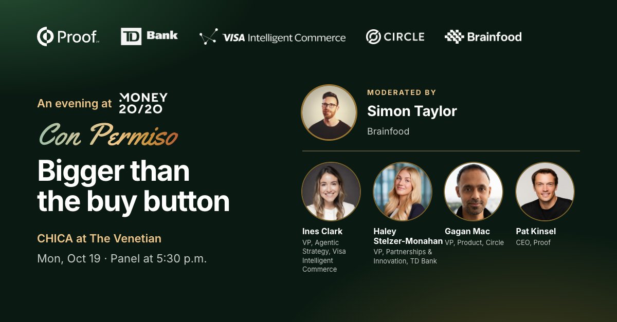 proof's tweet photo. During #Money2020, we’ll be bringing together leaders from fintechs, banks, networks and platforms. Join us for refreshments, and an exclusive panel hosted by Simon Taylor of Brainfood - joined by TD Bank, Circle, Visa Intelligent Commerce, and Proof. 🔗 https://t.co/g0N1xxNuzO https://t.co/xi3blHTMp3