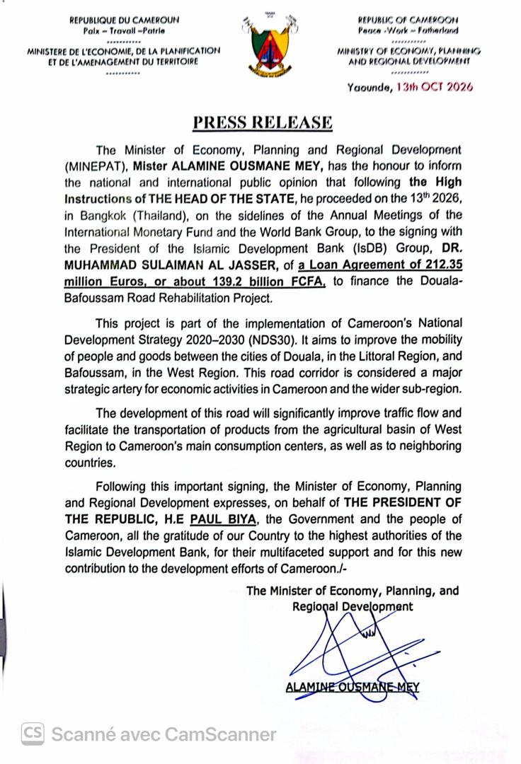 minepat237's tweet photo. Cameroon-IsDB
On 13 October 2026 in Bangkok, Thailand, #MINEPAT, Alamine Ousmane Mey, signed with the President of @isdb_group, Dr Muhammad Sulaiman Al Jassera, the financing agreement worth €212.35 million, approximately CFAF 139.2 billion, for the implementation of the #PRRDB. https://t.co/SHMMILQOXW