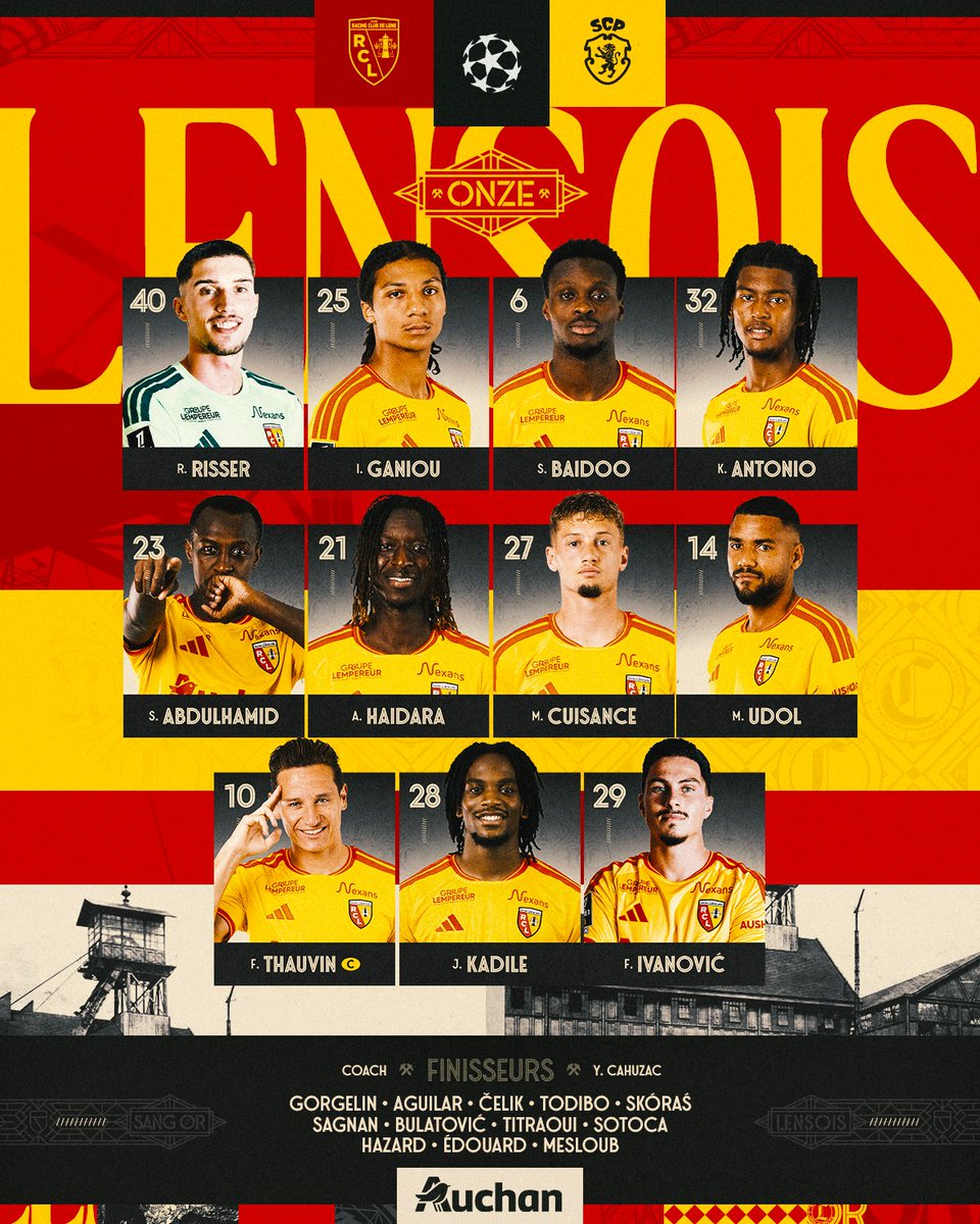 RCLens's tweet photo. 𝐇-𝟏 avant #RCLSCP en @ChampionsLeague 💫

Voici le 𝒐𝒏𝒛𝒆 aligné par Yannick Cahuzac pour cette rencontre face au @SportingCP à Bollaert-Delelis.

#FiersDEtreLensois #UCL https://t.co/dFF8aiBGYH