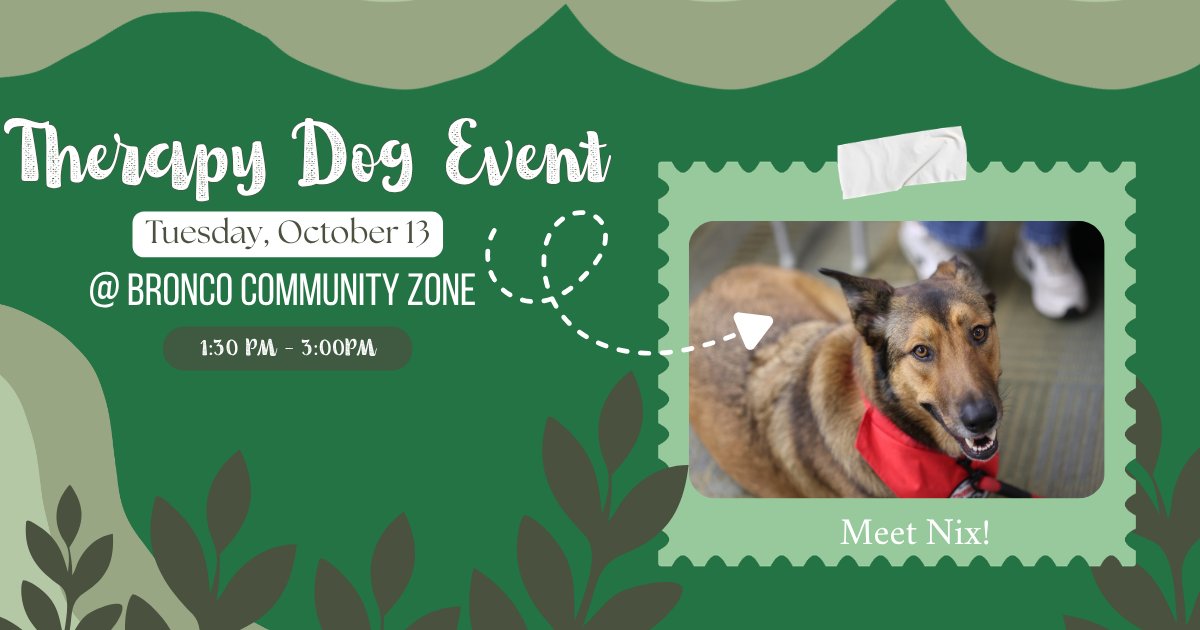 cpplibrary's tweet photo. πΆ Therapy Dog Nix is visiting the Library today! π
Take a study break and spend some time with our four-legged friend! πΎ
π
Oct. 13 | 1:30β3 PM π 2nd Floor, Bronco Community Zone.
Come say hi to Nix!
#CPPLibrary #Broncos https://t.co/9GCiG8plpS