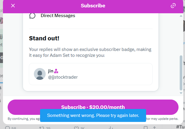 jjstocktrader's tweet photo. Hello can I get some help? The system said I have subbed to one of channels I followed but it still asking me to subscribe. It keeps saying "something went wrong, please try again later"  @Subscriptions @X https://t.co/ypTw5cHuCi