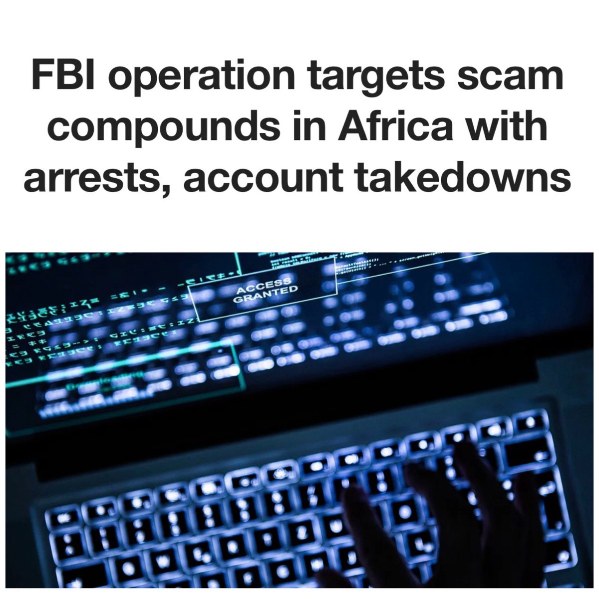 FBIDirectorKash's tweet photo. OPERATION BLACKOUT: Another massive blow to global scam empires targeting Americans.

Under President Trump’s leadership, this FBI and our partners delivered:

✅ 28 arrests in Ghana and Nigeria
✅ 350+ devices seized
✅ 3.7 MILLION scam-linked accounts, pages and groups taken down
✅ $11 MILLION+ in potentially freezable funds identified
✅ 120+ trafficked workers identified

To the criminals stealing Americans’ hard-earned money: Your borders won’t protect you. Your compounds won’t hide you.

-DKP🇺🇸