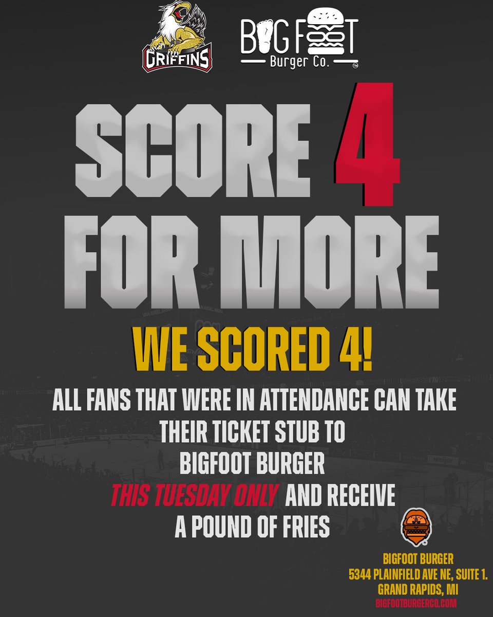 griffinshockey's tweet photo. WE SCORED 4! All fans in attendance at Sunday's game can head to Big Foot Burger today only to receive a free pound of fries 🍟‼️ #GoGRG https://t.co/Y2EA1g5exL