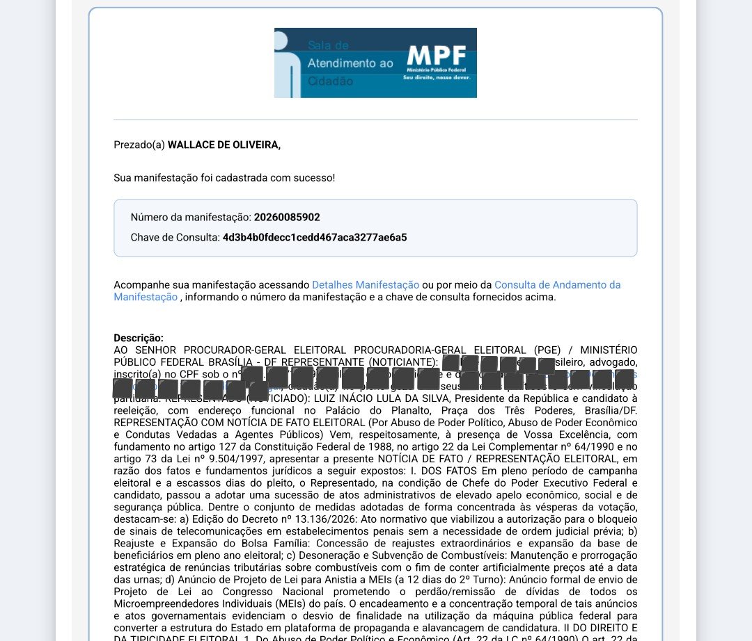 wallaceolive_r's tweet photo. Notícia de Fato protocolada junto à Procuradoria-Geral Eleitoral (PGE) solicitando a abertura de investigação e o ajuizamento de Ação de Investigação Judicial Eleitoral (AIJE) contra o Presidente da República, Luiz Inácio Lula da Silva, por reiteradas violações à legislação eleitoral em pleno período de campanha.

A representação fundamenta-se na instrumentalização da máquina pública federal para fins de apelo eleitoreiro, caracterizando abuso de poder político e econômico (art. 22 da LC nº 64/1990) e violação à proibição de distribuição de benesses e benefícios em ano eleitoral (art. 73, § 10, da Lei nº 9.504/1997).

Dentre os fatos graves apresentados ao Ministério Público Eleitoral, destacam-se:

• Decreto nº 13.136/2026: Medida editada às vésperas do pleito para autorizar o bloqueio de sinais em presídios sem necessidade de ordem judicial prévia;

• Medidas de forte apelo social: Reajustes expressivos e expansão no Bolsa Família e a manutenção de desonerações tributárias pontuais sobre combustíveis;

• Anúncio de anistia a MEIs (a 12 dias do 2º Turno): Promessa pública do envio de Projeto de Lei ao Congresso para o perdão generalizado de dívidas de Microempreendedores Individuais (MEIs).

Diante do grave desequilíbrio na paridade de armas do pleito, o pedido requer que o Ministério Público Eleitoral atue prontamente para postular perante o TSE as sanções de inelegibilidade por 8 anos, cassação de registro/diploma e aplicação de multa.