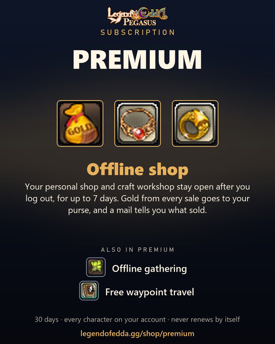 LegendOfEddaPS's tweet photo. Premium - Offline shop: your shop and craft workshop keep selling for up to 7 days after you log out.

30 days for every character on your account, and it never renews by itself.

https://t.co/CmlitmMPOO

#indiegame #legendofedda #mmorpg #ragnarokonline #treeofsavior https://t.co/WcYLUrGYnw