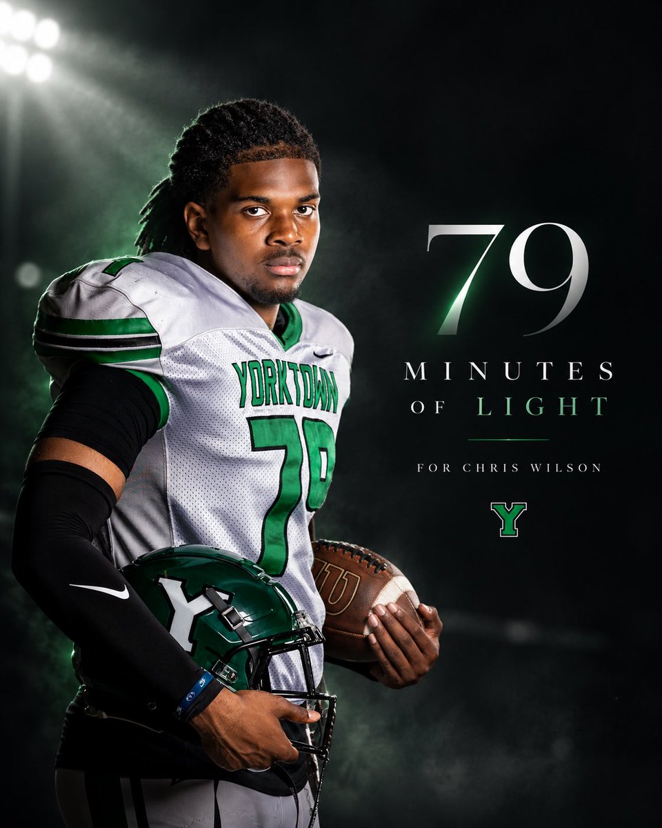 Yorktown_FB's tweet photo. LIGHT UP THE LIGHTS FOR #79

This Saturday, Oct. 17, as Christopher Wilson’s family lays him to rest, we invite schools across Indiana to illuminate their football stadiums from 7:00–8:19 PM in his honor.

79 minutes for #79.

Share photos using @Yorktown_FB &amp; @yhsathletics https://t.co/RmND8B251m