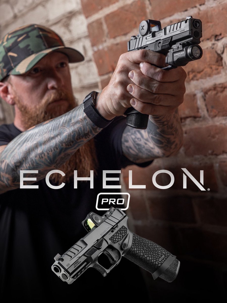 Springfield_Inc's tweet photo. Introducing the new Echelon Pro. Integrally compensated slide. Springfield Grey Cerakote finish. LightForged grip texture. Flared magwell. Metal guide rod. Three extended magazines. All built on the proven Echelon platform. Available in 4.0C, 4.0FC and 4.5F configurations. https://t.co/0AfMCBEFo3