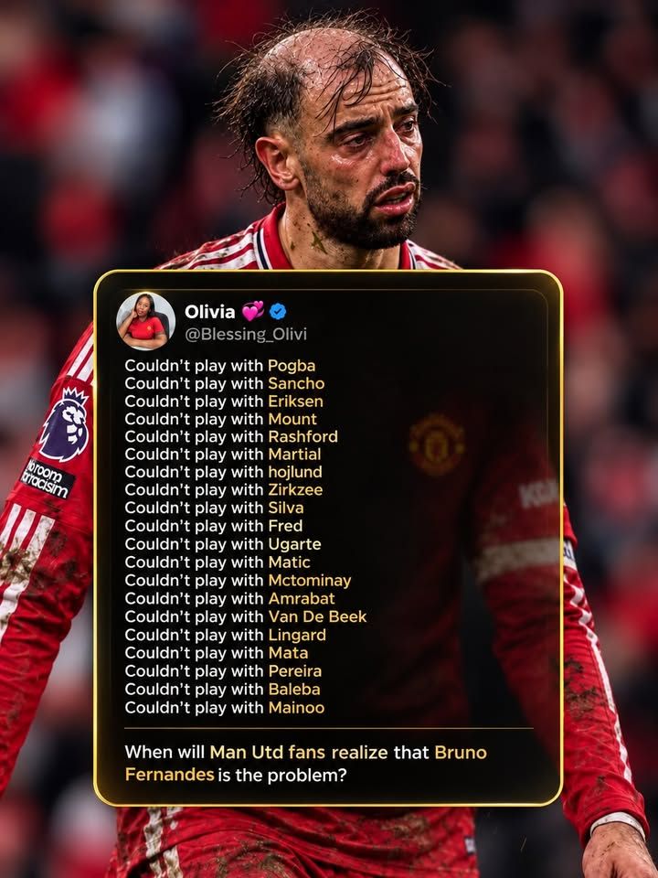 FootballFunnys's tweet photo. Bruno couldn’t play with Pogba ❌
Bruno couldn’t play with Sancho ❌
Bruno couldn’t play with Eriksen ❌
Bruno couldn’t play with Mount ❌
Bruno couldn’t play with Rashford ❌
Bruno couldn’t play with Martial ❌
Bruno couldn’t play with Højlund ❌
Bruno couldn’t play with Zirkzee ❌
Bruno couldn’t play with Silva ❌
Bruno couldn’t play with Fred ❌
Bruno couldn’t play with Ugarte ❌
Bruno couldn’t play with Matić ❌
Bruno couldn’t play with McTominay ❌
Bruno couldn’t play with Amrabat ❌
Bruno couldn’t play with Van de Beek ❌
Bruno couldn’t play with Lingard ❌
Bruno couldn’t play with Mata ❌
Bruno couldn’t play with Pereira ❌
Bruno couldn’t play with Baleba ❌
Bruno couldn’t play with Mainoo ❌

Different players have come and gone. Managers have been hired and sacked. Millions have been spent trying to fix Manchester United.

Yet the same questions keep coming back.

At what point do United supporters stop blaming everyone around Bruno Fernandes and start questioning whether he's part of the problem? 👀