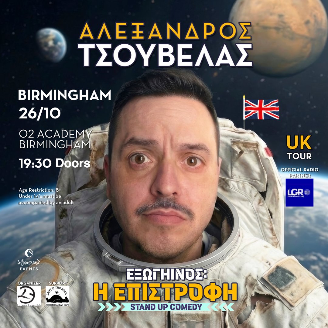 O2AcademyBham's tweet photo. Birmingham, get ready! 🚀 Alexandros Tsouvelas brings TSOUVELAS II to the stage on Monday 26 October, escaping the everyday and delivering laughter from another galaxy.

Grab your tickets 👉 https://t.co/OJKk6rT5a0 https://t.co/G11DDP1EXb