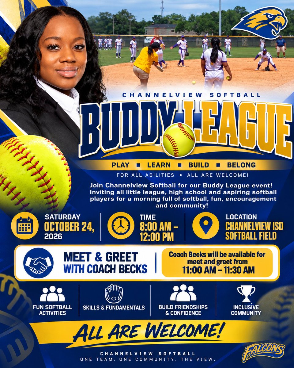 falconsofchs's tweet photo. CHANNELVIEW SOFTBALL BUDDY LEAGUE!
Calling all Little League, high school & aspiring softball players!
π
Sat., Oct. 24
β° 8 AMβ12 PM
π Channelview ISD Softball Field
π€ Meet Coach Becks: 11β11:30 AM
PLAY. LEARN. BUILD. BELONG.
ALL ARE WELCOME!
#WeAreChannelview #FalconProud https://t.co/Wld9fURs54