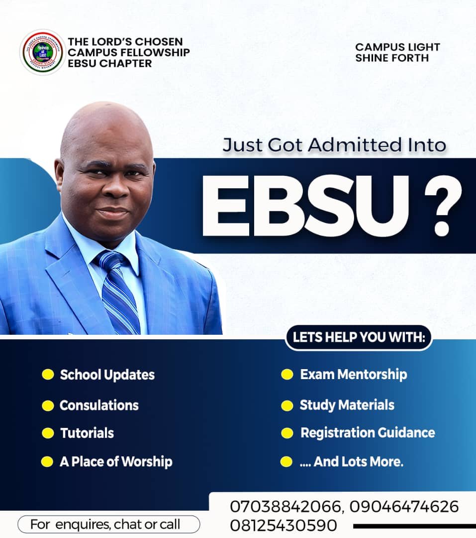 tlccfhq's tweet photo. 𝗝𝗨𝗦𝗧 𝗚𝗔𝗜𝗡𝗘𝗗 𝗔𝗗𝗠𝗜𝗦𝗦𝗜𝗢𝗡 𝗜𝗡𝗧𝗢 𝗘𝗕𝗦𝗨?

Welcome to Ebonyi State University, Abakaliki!

You just made it into EBSU  what next?

Don't struggle alone on campus. Let your Chosen family guide you! https://t.co/s1hmluHGxP