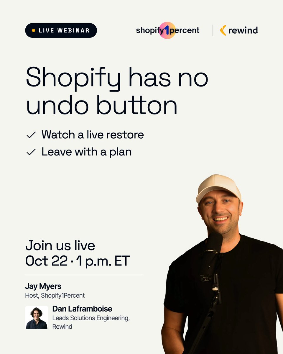 rewind's tweet photo. BFCM is weeks away. How ready is your Shopify store?

On October 22, Jay Myers from Shopify1Percent and Dan Laframboise from Rewind are going live to help you find out. In 45 minutes, you'll:

✅ Score your store with a 10-question assessment
✅ Watch a real store restore happen live
✅ Leave with a 10-day plan to finish before November 1

Free to attend. Can't make it live? Register anyway, and we'll send you the recording, the worksheet, and the 10-point BFCM checklist.

📅 Thursday, October 22 | 1 p.m. ET  

👉Save your seat: https://t.co/XT4HeGmPav