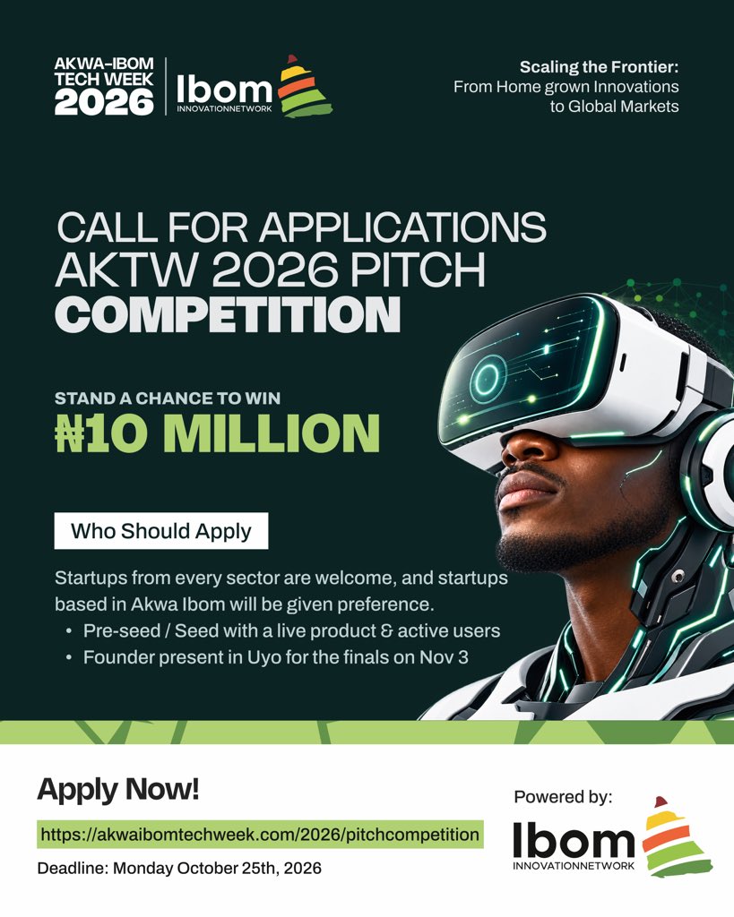 IbomTechWeek's tweet photo. Building a startup? Your next big opportunity could start with a pitch. 

Application deadline: October 25, 2026
🔗 Apply now: https://t.co/zMA9uDHEkH

Your startup deserves a bigger stage. Take your shot!

#AKTW2026 #FrontierPitchCompetition #Startups #AkwaIbomTechWeek https://t.co/MY8IwDKFJS