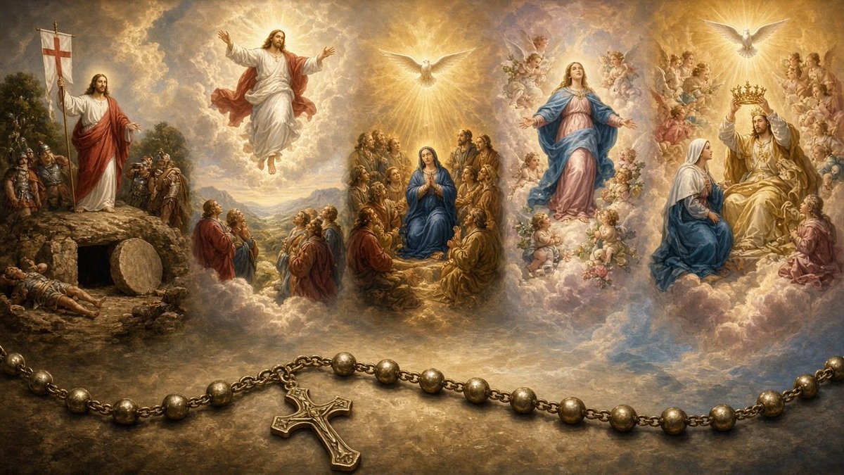 RosaryFreak's tweet photo. Wednesday Glorious Mysteries: Resurrection, Ascension, Pentecost, Assumption, Coronation. See the empty tomb, lift your eyes with the Apostles, receive the Spirit's fire, and honor Mary's glory. Through Christ our Lord. Amen. 📿 #Rosary #GloriousMysteries #Catholic https://t.co/RSFPxBRZnh