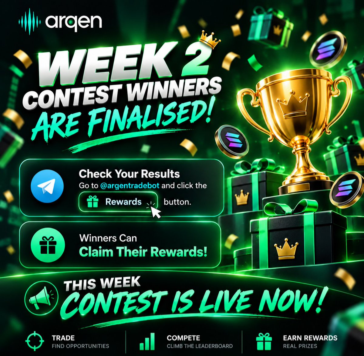 arqentrade's tweet photo. Week 2 Winners Are In!

Last week’s Arqen weekly contest winners have been finalised! 

-> Head over to @arqentradebot and click the Rewards button to check your results.

-> Winners can now claim their rewards!

-> Missed out last week? No worries. This week’s contest is LIVE NOW!

Trade, compete, and get rewarded with Arqen. 

Your next win could be waiting for you!