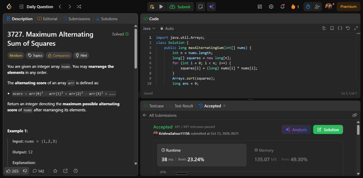 Krishna11156's tweet photo. Today's DSA Insight
Sometimes, the best optimization is avoiding repeated work
Think in prefix and suffix contributions
3727, Maximum Alternating Sum of Squares
#LeetCode #DSA #Java #Programming https://t.co/AYjftHsEPB
