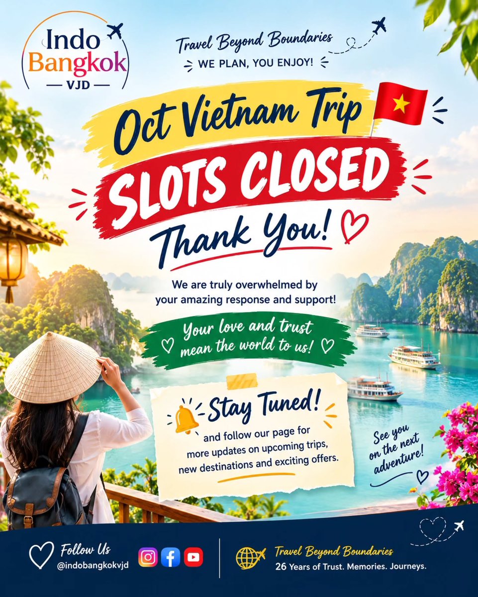 Placidopz's tweet photo. OCTOBER VIETNAM TRIP — SLOTS CLOSED! Thank you for your incredible trust and support. We’re grateful for the amazing response. Stay tuned for new international trips, destinations, and travel updates. Indo Bangkok VJD
26 Years of Trust • Memories https://t.co/ZJo1Dudxb2