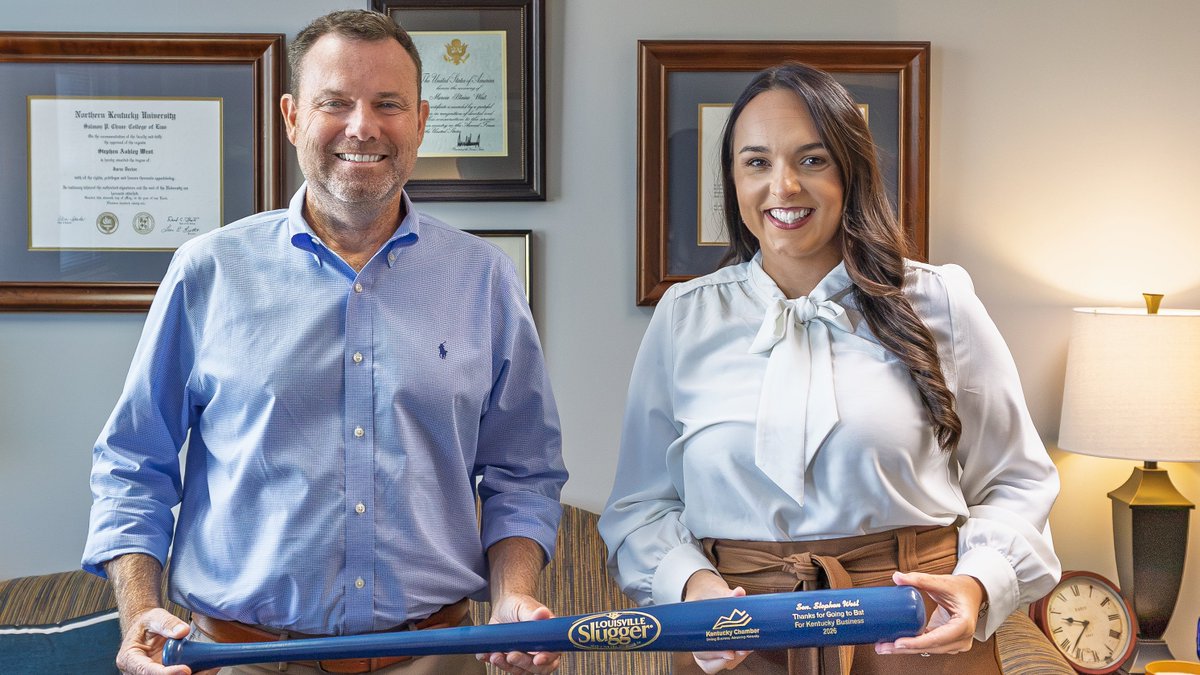 KyChamber's tweet photo. Senator Steve West was honored with the 2026 Kentucky Chamber MVP Award by Kentucky Chamber Public Affairs Manager Annie Santos in October in Frankfort. As chair of the Senate Education Committee, Senator West sponsored Senate Bill 4, which establishes a professional development program for school principals that incorporates an intensive leadership program developed in partnership with the @KYChamberFDN.

Read more on The Bottom Line: https://t.co/JfsU2eyHnD