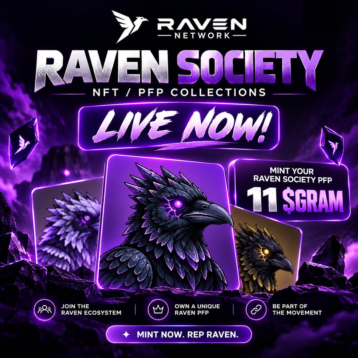 XaenabW3's tweet photo. Raven Society NFT/PFP collections are LIVE! 

Fam, it’s time to rep Raven Network in style! 
Mint your Raven Society PFP for just 11 $GRAM and become part of the Raven ecosystem.

Don’t wait until everyone is talking about it. Secure yours while you can! 
Mint now. Rep Raven. https://t.co/EsSA2oxbSk