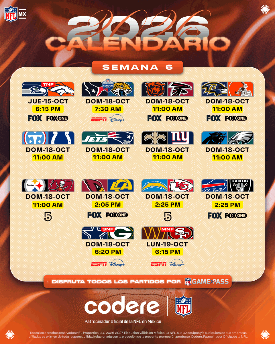nflmx's tweet photo. Semana 6 de la NFL y esto se pone cada vez mejor 😮‍💨🏈
Nueva semana, nuevos partidazos🔥🏈
Checa el calendario y dinos: ¿qué partido vas a ver sí o sí? 👀
Presentado por @CodereMX 
💻📺 @somos_FOX | @TUDNMEX | @ESPNmx | @disneyplusla https://t.co/WkR0L0TLI5