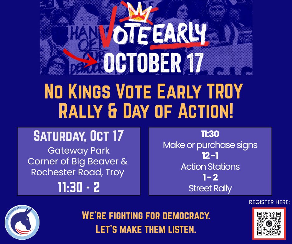 turner4mi's tweet photo. We are looking forward to the No Kings Vote Early event on October 17th in Troy. Join us as we get out the vote!

https://t.co/TdFCnhR94y https://t.co/EOXUyODrCM
