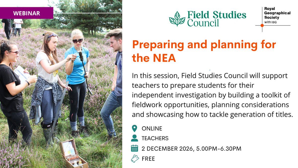 RGS_IBGschools's tweet photo. Are you looking for NEA support?

Our upcoming webinar with @FieldStudiesC will help you to prepare your students for their independent investigation by building a toolkit of fieldwork opportunities and planning considerations.

Book your free place 👉https://t.co/VXZxfwXHgX https://t.co/0c8Tb4haip