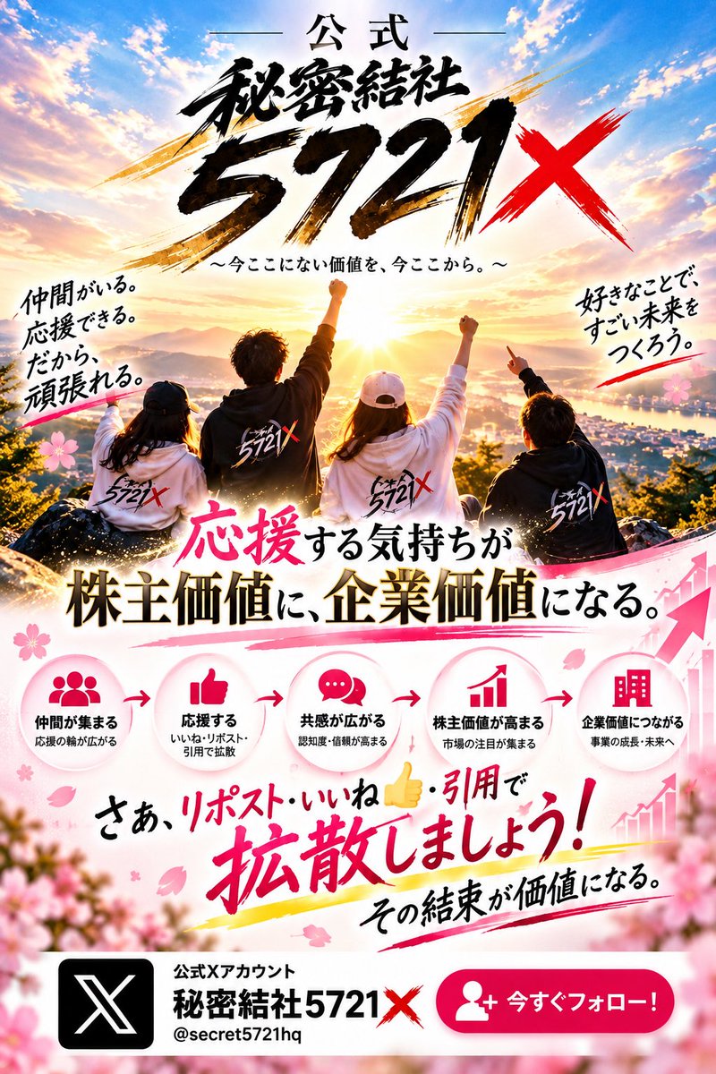 Secret5721HQ's tweet photo. 🌸 あなたの応援が企業の未来を変える🌸

一人の応援は小さくても、みんなの想いが集まれば、大きな力になる

秘密結社5721が目指すのは、株主やファンの結束を新しい価値につなげることです☺️

応援する気持ちが株主価値となり、やがて企業価値へとつながっていく
私たちは、そんな未来を信じています https://t.co/YxhbMJgbUy