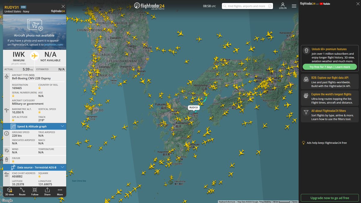 AIYeyENGDdJkjTr's tweet photo. Oct. 14, 2026
#USS Theodore Roosevelt (CVN-71)
#Naval Air Facility Atsugi, Ayase #Iwakuni Air Base ==> #Okinawa Kadena Air Base
#RUDY31 #AE6BB2 USN CMV-22B Osprey
#Naval Air Facility Atsugi, Ayase ==> #Okinawa Kadena Air Base
#RUDY32 #AE6BB4 USN CMV-22B Osprey https://t.co/AqLd32PW5X