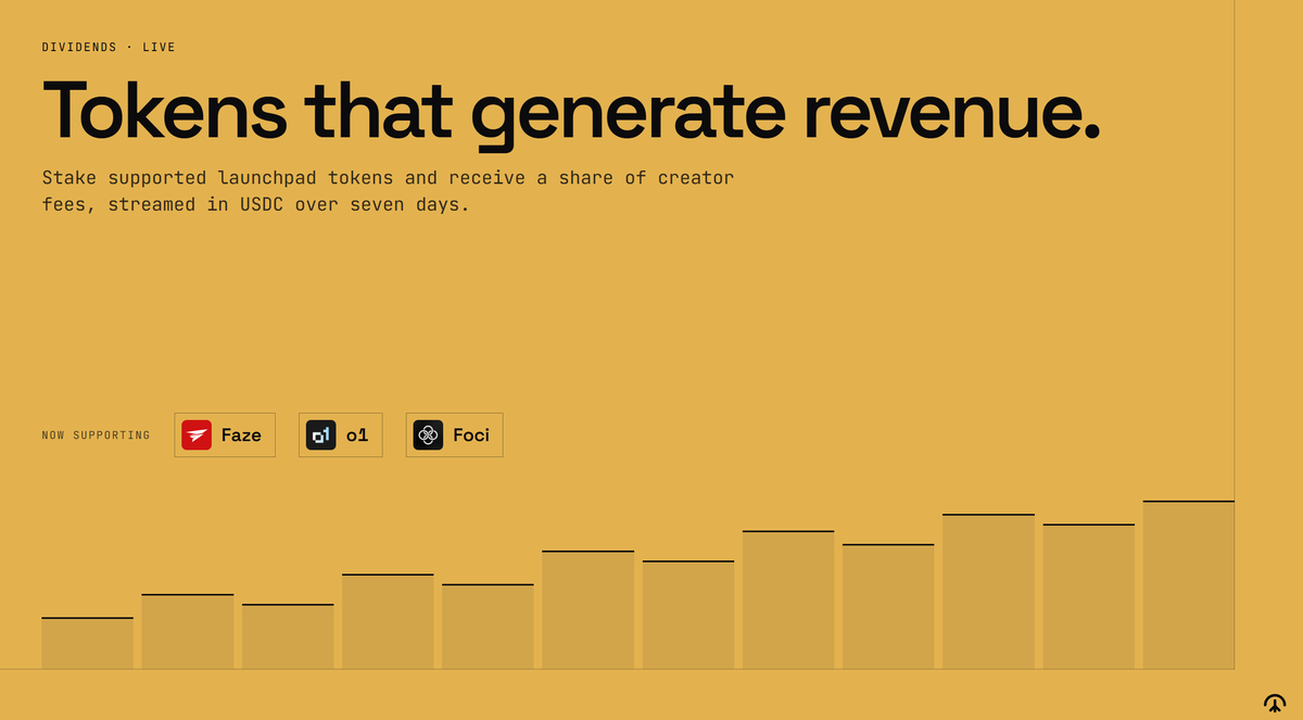 arc_vein's tweet photo. Dividends: Tokens That Generate Revenue

What if holding a token gave you exposure to the revenue generated by its trading activity?

That's what $ARCVEIN Dividends delivers.

Stake supported launchpad tokens and receive a share of creator fees, streamed in USDC over seven days.

Now supporting @fazedotfun, @o1_exchange and @focidotfamily  on @arc.

Real trading activity. Real revenue distribution.

https://t.co/zdn2LozFaN