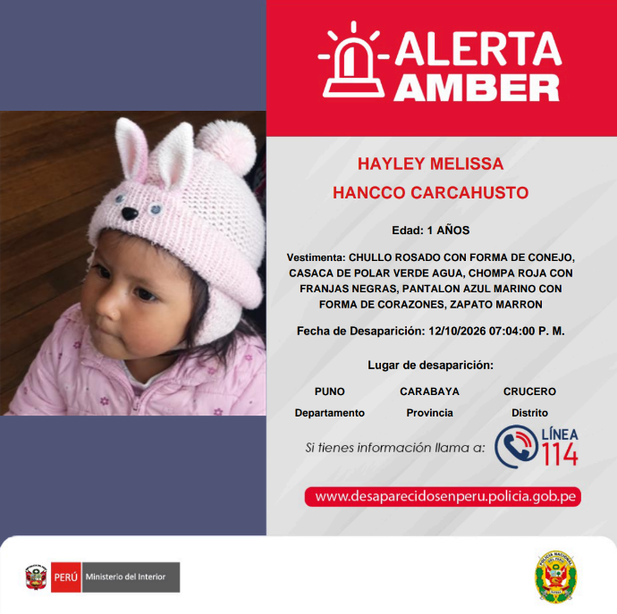 SBSPERU's tweet photo. 🚨 La #SBSPerú se suma a la difusión de la #AlertaAmber para contribuir a la búsqueda de personas desaparecidas. Si tienes información que pueda contribuir a su ubicación, comunícate con la Línea 114 de la @Policia_Peruana. https://t.co/PSeCM1ofQ3